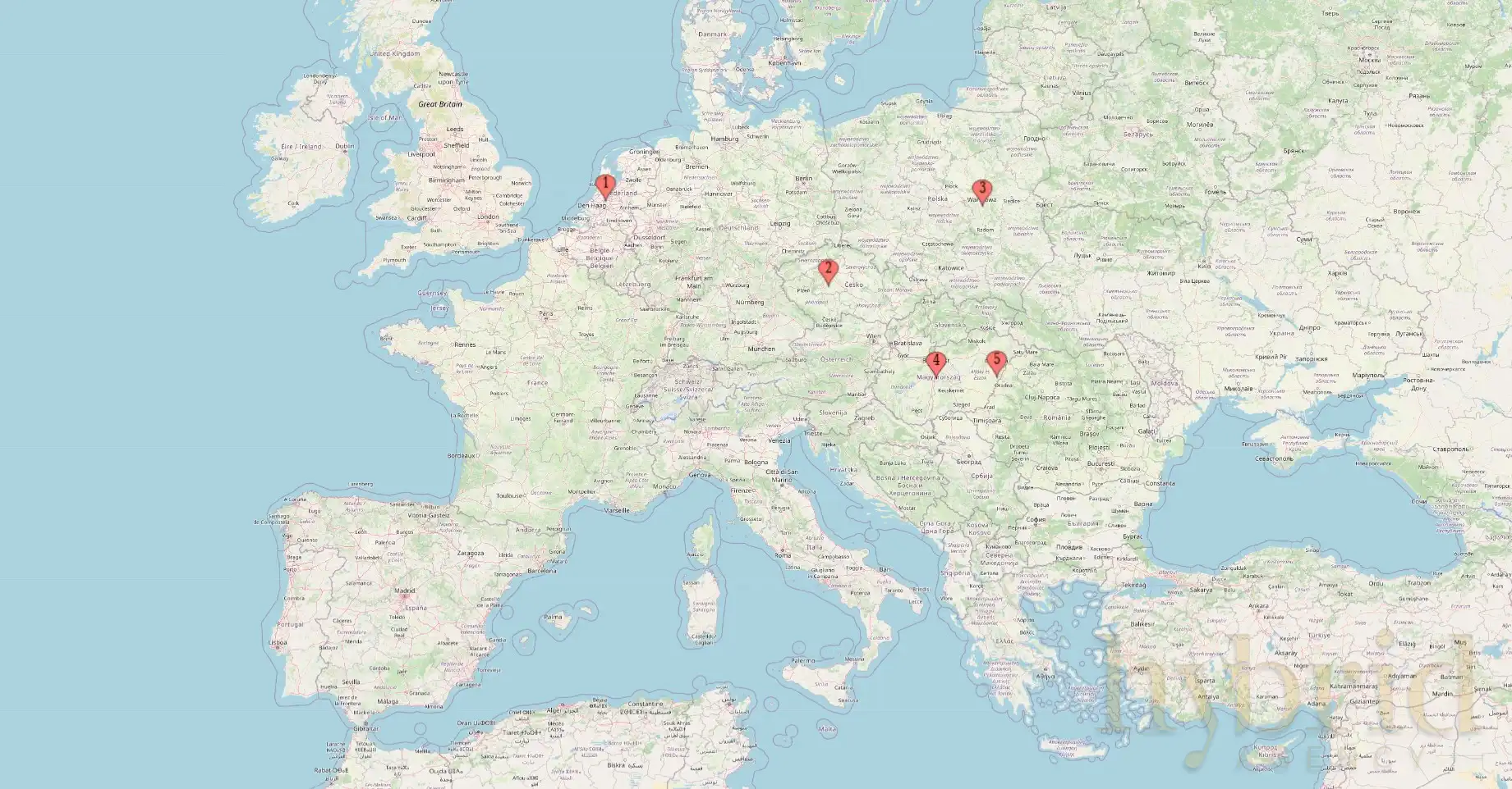 5 helyszín 4 ország térkép